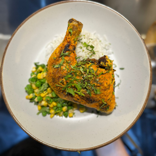 Tandoori Chicken Leg with Rice, Corn & Peas Salad